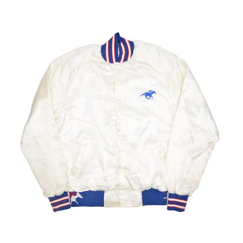 Vintage Satin Jacket Mens M White Bomber Horseback Riding Equestrian 80s Snap